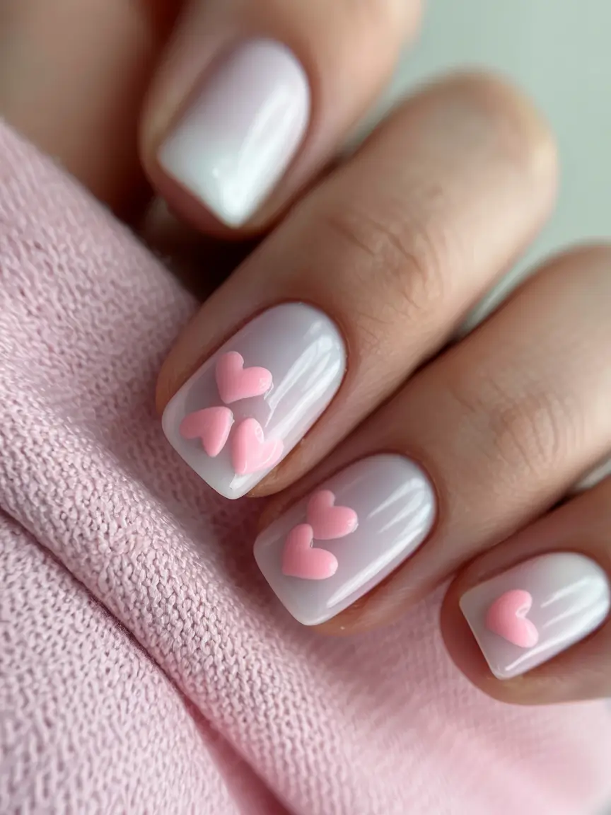 summer short nail inspo 2026 Soft Milky Base with Pink Heart Details