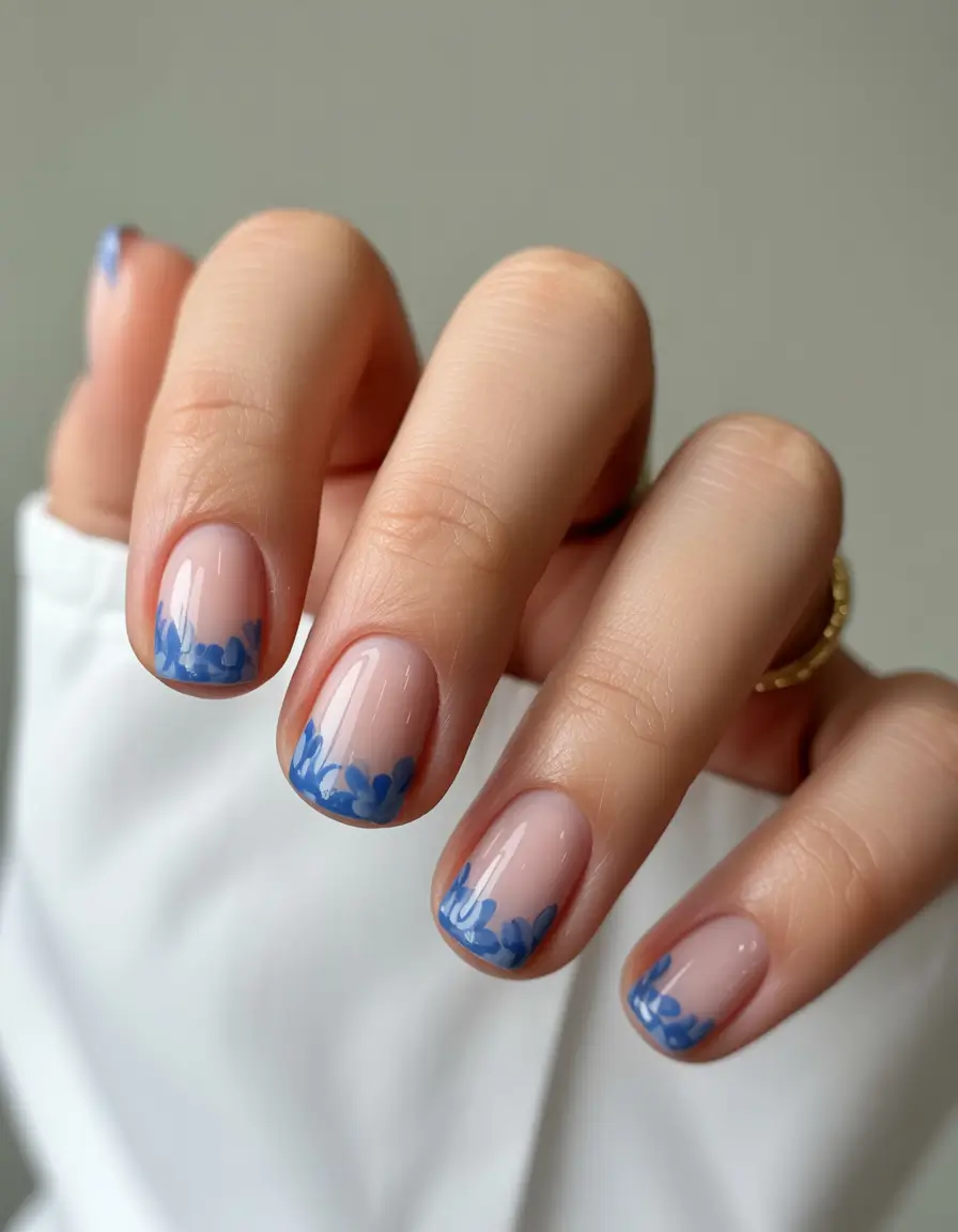 summer short nail inspo 2026 Blue Floral Edge Details on Nude Base