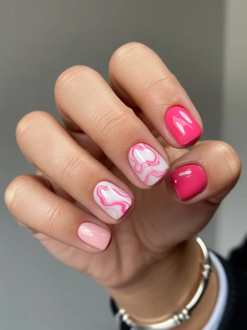 summer short nail inspo 2026 Hot Pink Mix with Abstract Swirls