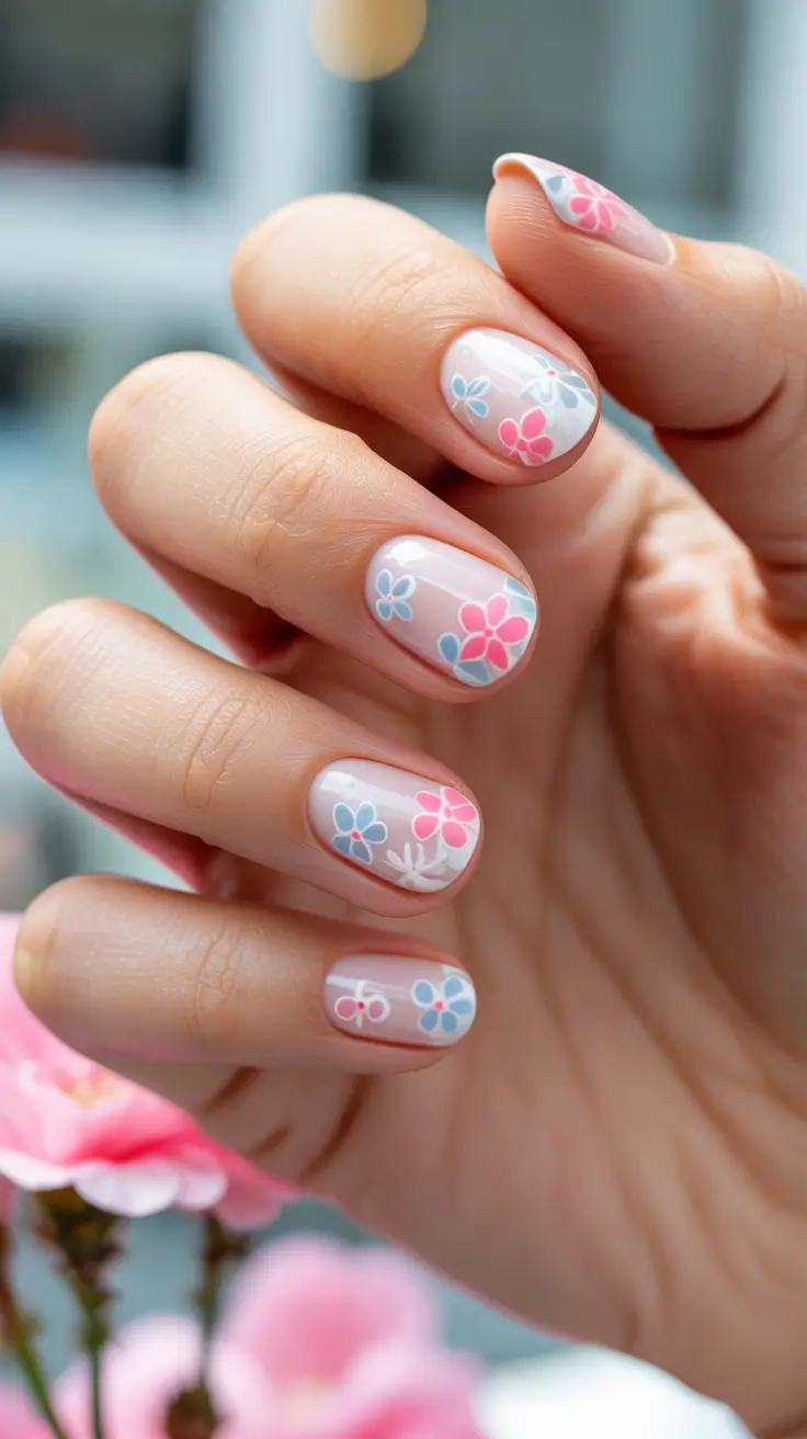 summer short nail inspo 2026 Soft Pastel Floral Mix on Sheer Base