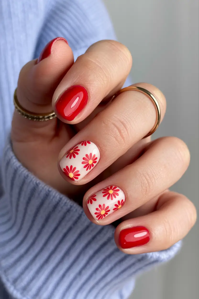 summer short nail inspo 2026 Bright Red Gloss with Daisy Accent