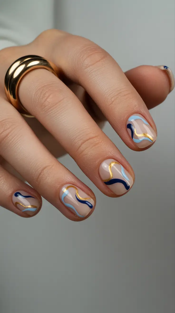summer short nail inspo 2026 Blue and Gold Abstract Waves