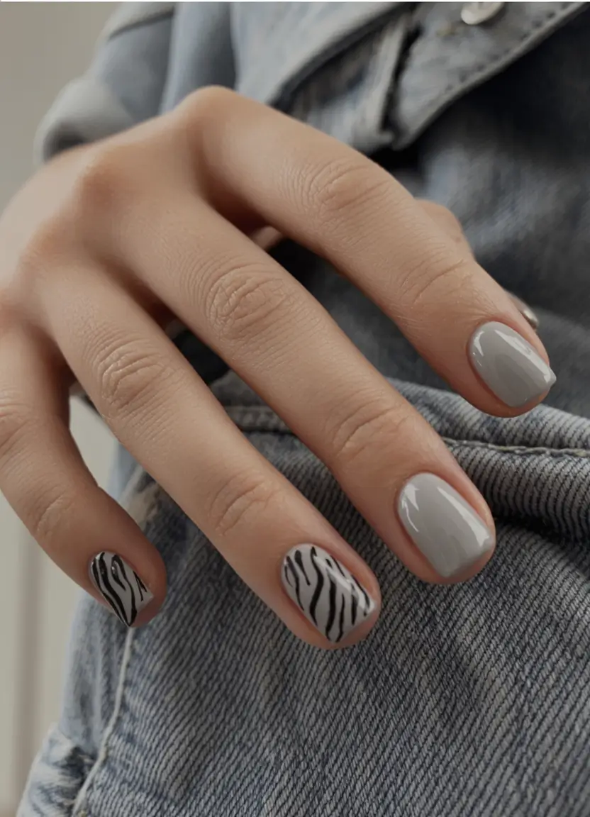 summer short nail inspo 2026 Soft Grey with Zebra Accent