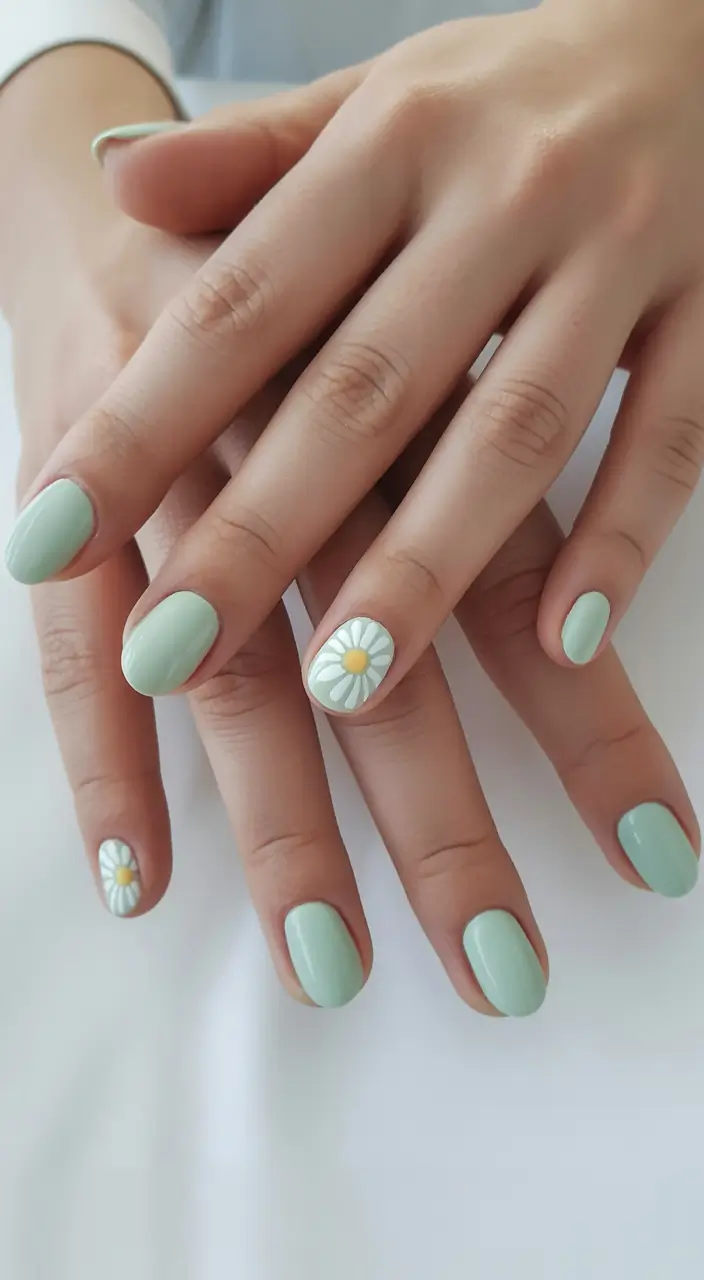 summer short nail inspo 2026 Fresh Mint with Daisy Accent