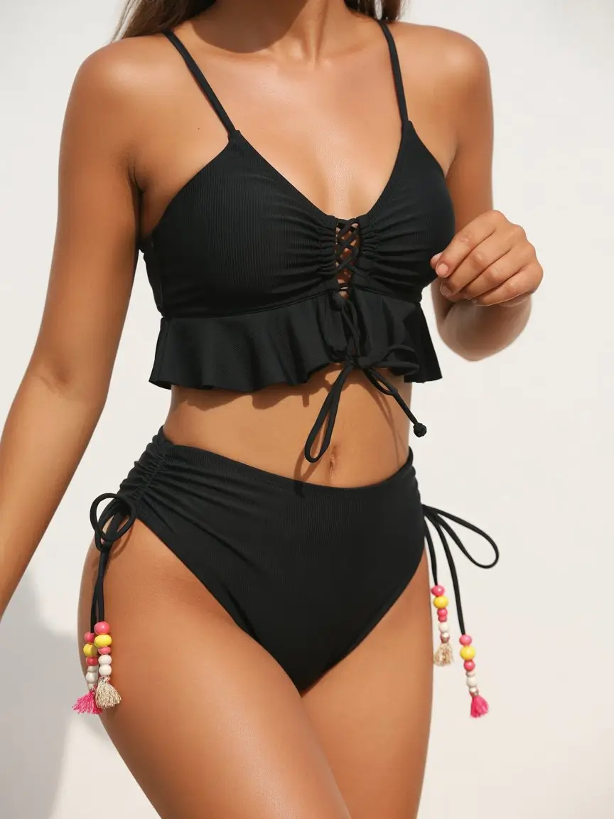 swimsuit bikinis ideas 2026 Black ruffle lace up playful set