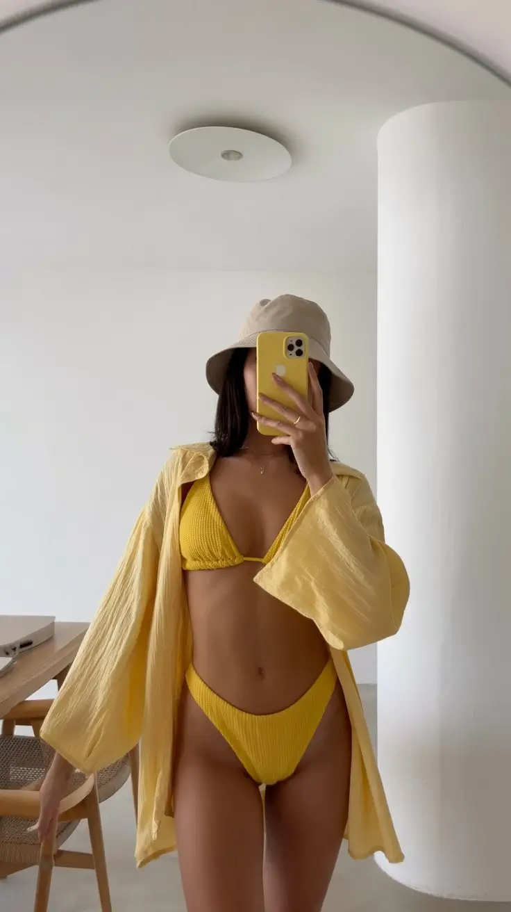 swimsuit coverups outfit 2026 Sunny Yellow Set with Relaxed Shirt Layer