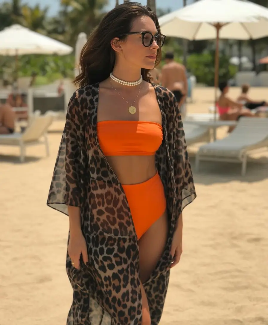 swimsuit coverups outfit 2026 Leopard Sheer Layer with Bold Orange Contrast
