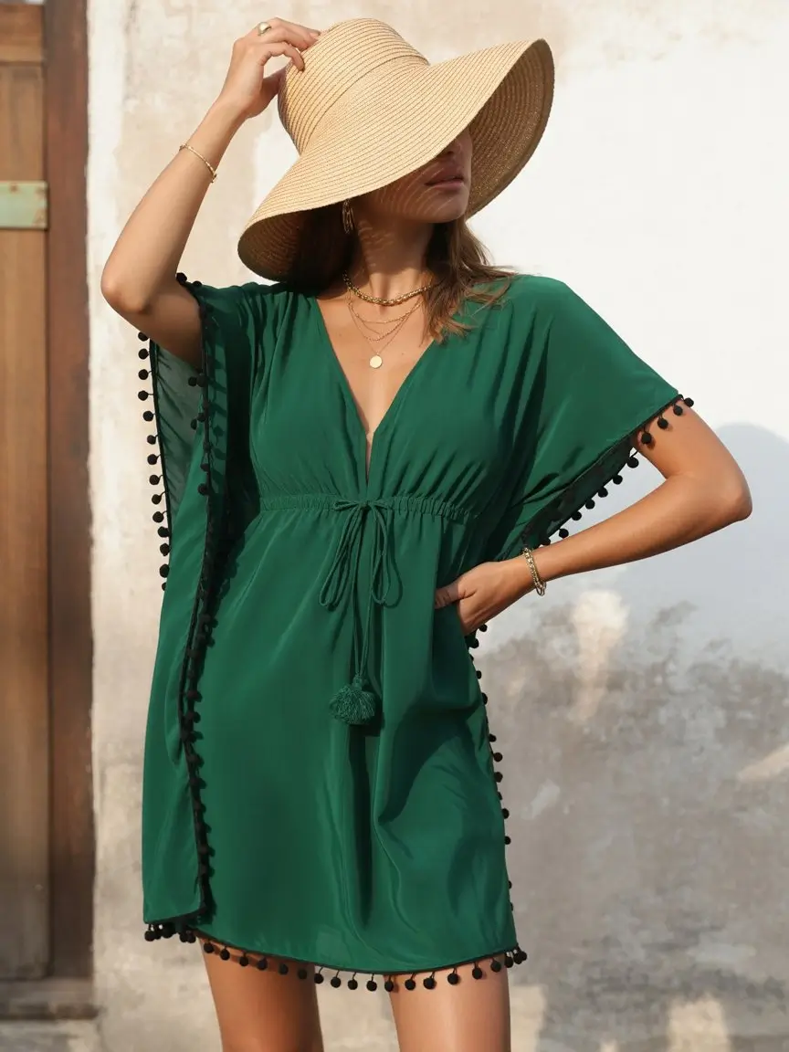 swimsuit coverups outfit 2026 Relaxed Green Kaftan with Subtle Boho Details