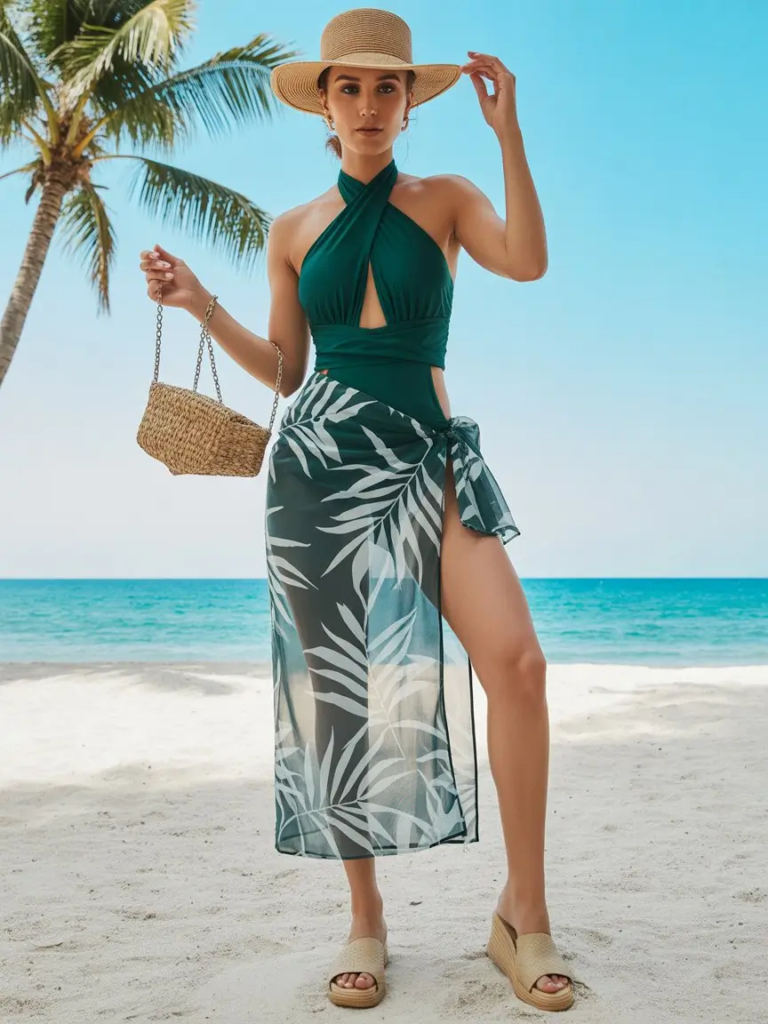 swimsuit for pool party 2026 green halter wrap outfit