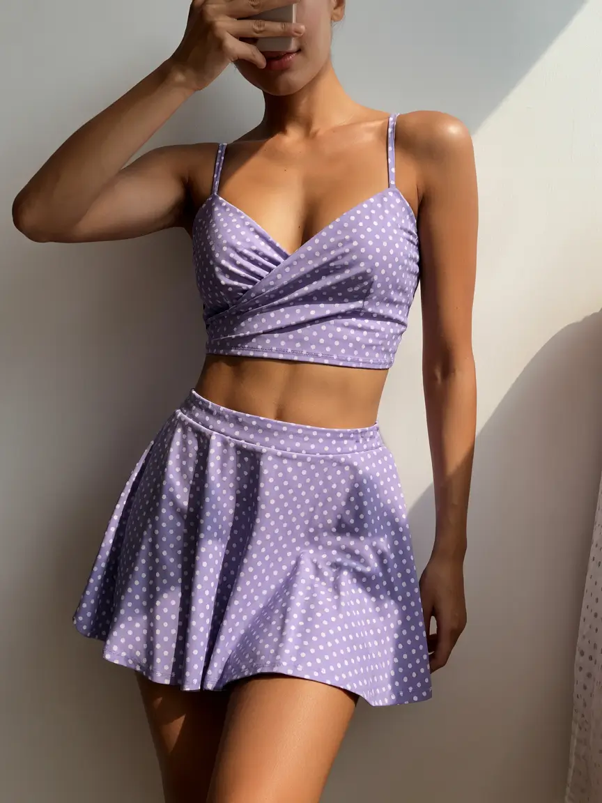 swimsuit with shorts 2026 Soft lilac set with playful skirt twist