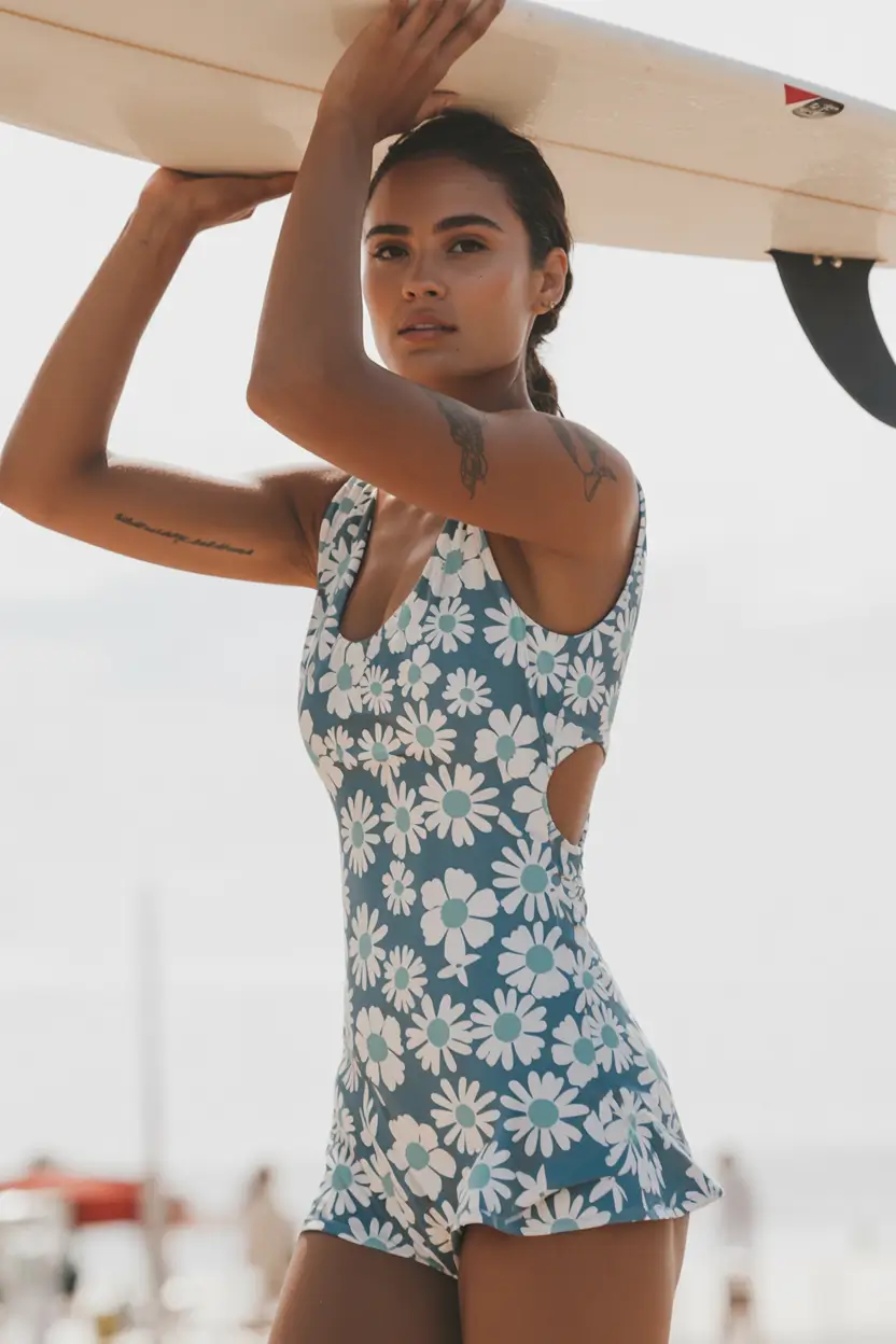 swimsuit with shorts 2026 Retro floral suit with surf inspired shape