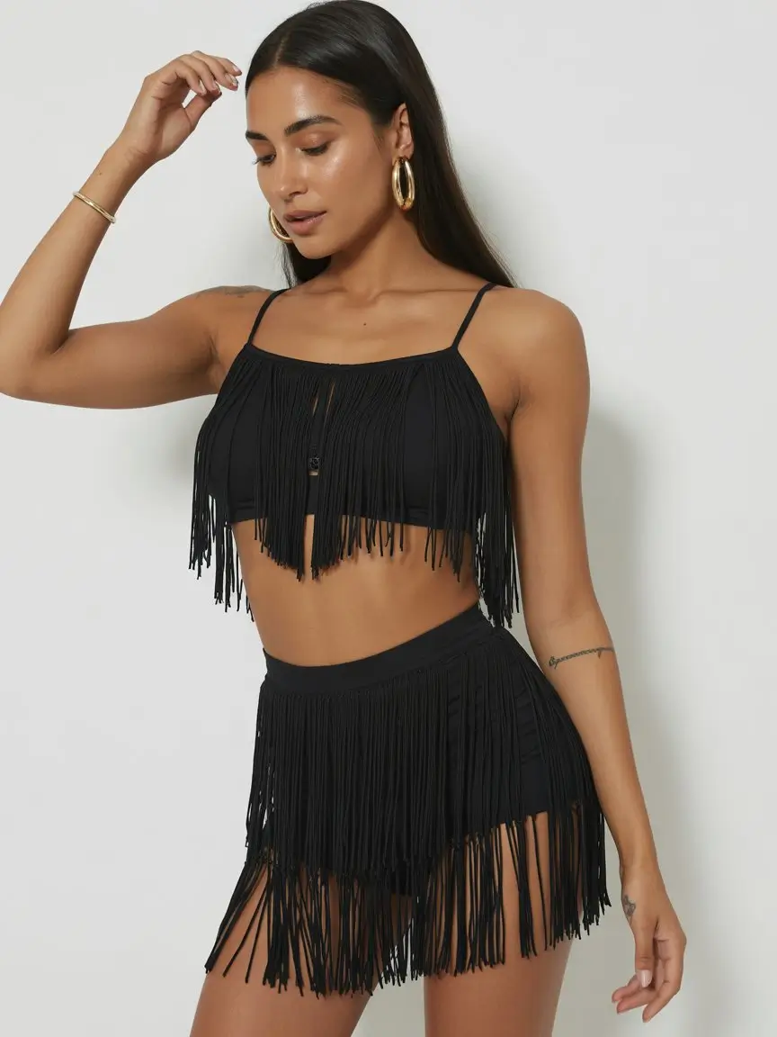 swimsuit with skirt 2026 Fringe Black Set That Moves With Every Step