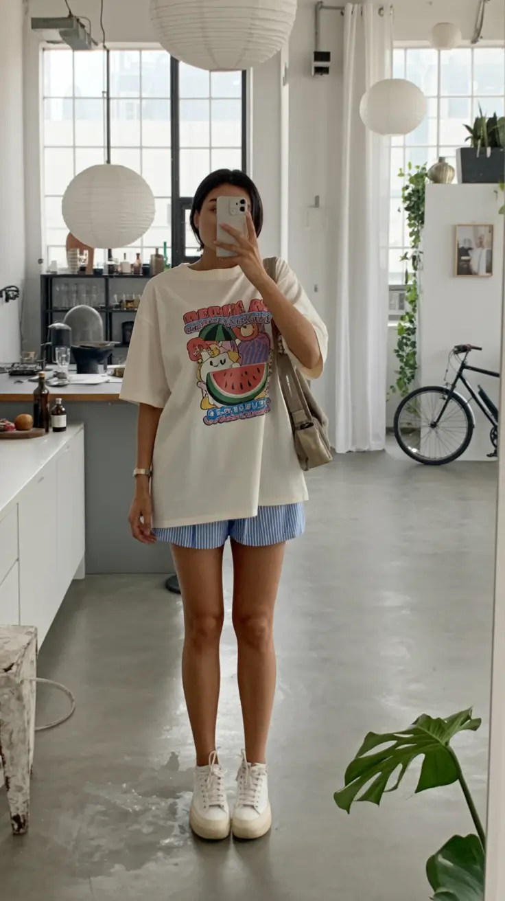 teen girls summer outfits 2026 Oversized Graphic Tee and Boxer Shorts Comfort Trend