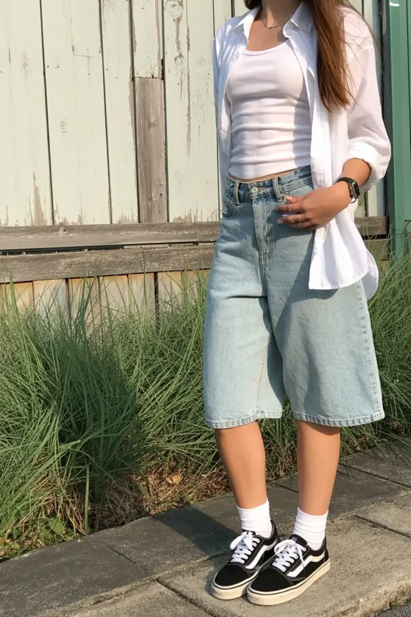 teen girls summer outfits 2026 Relaxed Layering with White Shirt and Long Denim Shorts