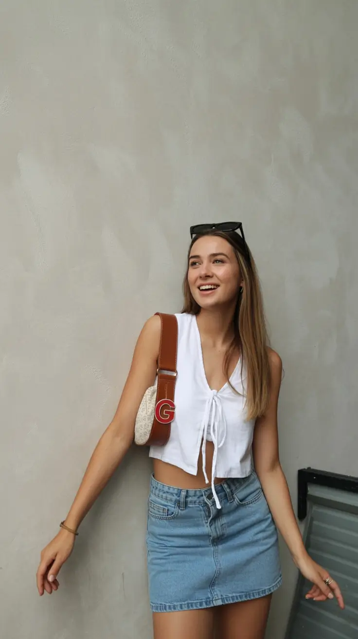 teen girls summer outfits 2026 Denim Mini and Cropped White Tie Top Summer Mood