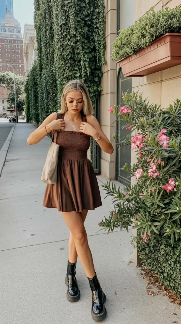 teen girls summer outfits 2026 Smocked Brown Dress with Chunky Boots Contrast