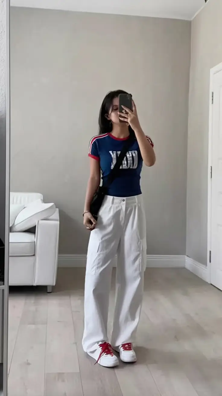 teen girls summer outfits 2026 Sporty Graphic Tee and Wide White Pants Street Look