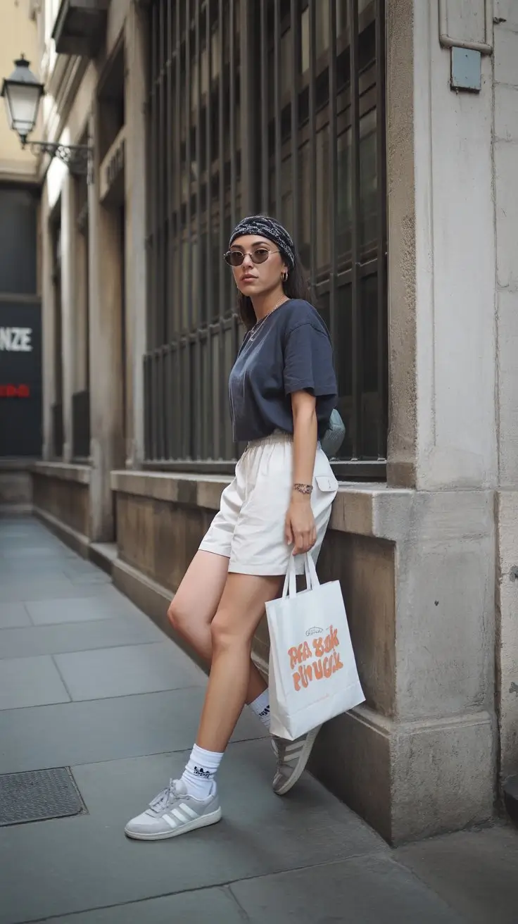 teen girls summer outfits 2026 Hipster Street Style with Bandana and Loose Shorts