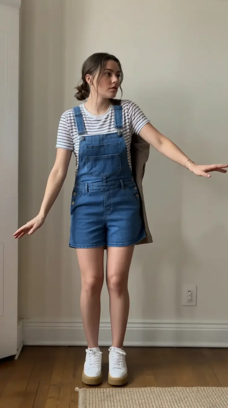teen girls summer outfits 2026 Playful Denim Overalls with Striped Tee Throwback