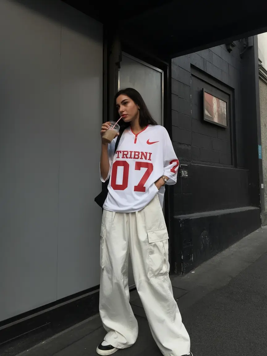 teen girls summer outfits 2026 Oversized Jersey and Cargo Pants Street Style Mood
