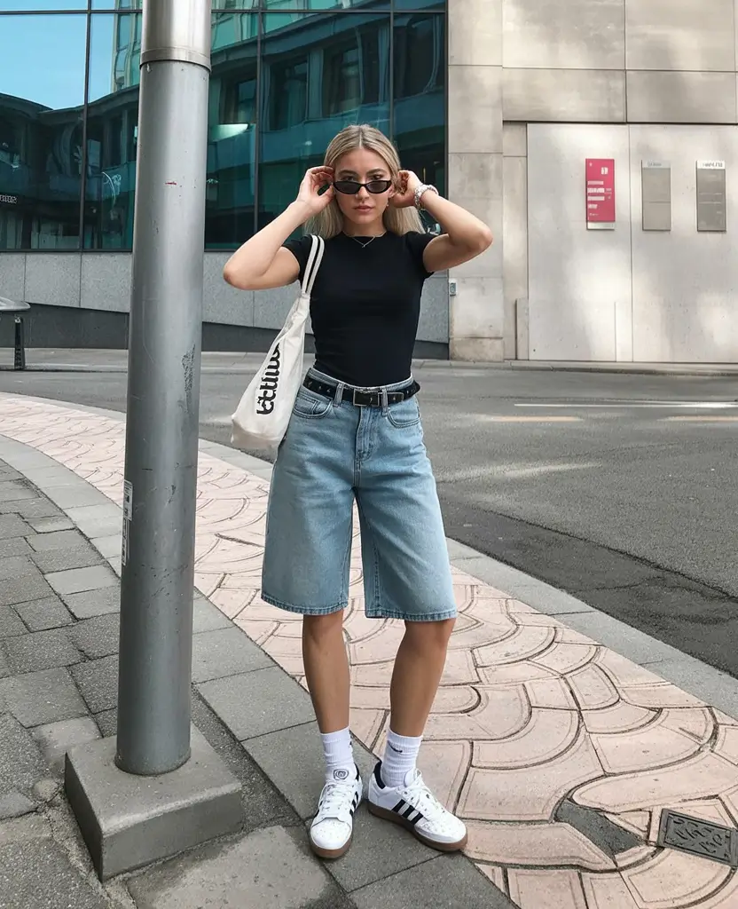 teen girls summer outfits 2026 Black Fitted Tee with Long Denim Shorts Comeback