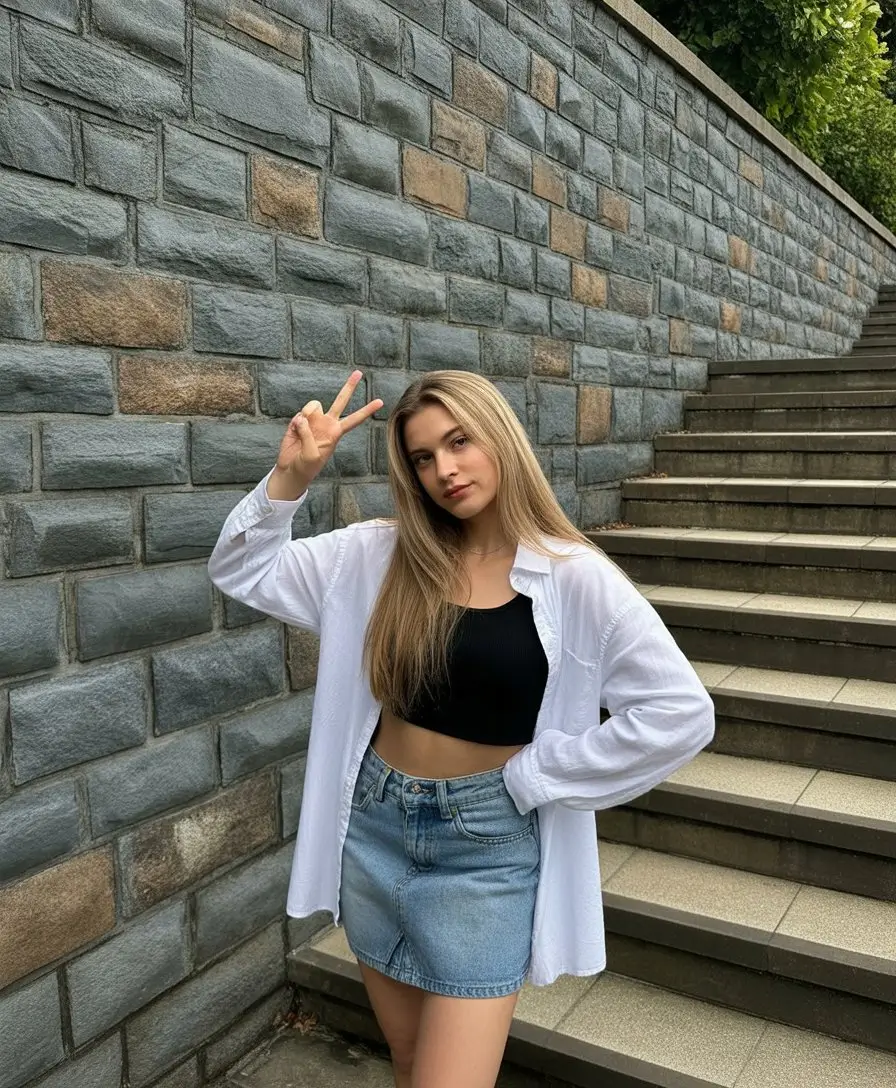 teen girls summer outfits 2026 Classic Black Top and Denim Mini with Oversized Shirt