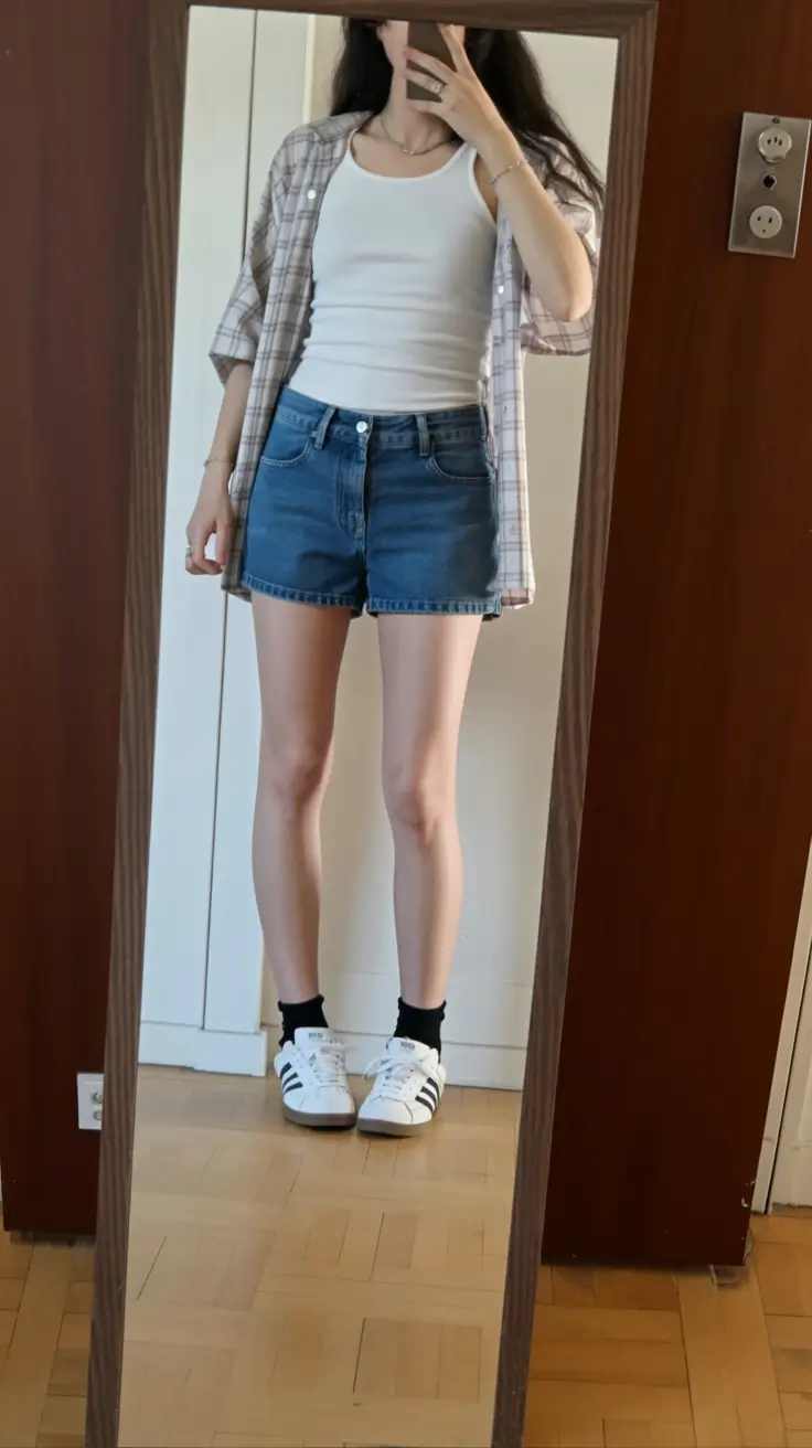 teen girls summer outfits 2026 Layered Casual Look with Plaid Shirt and Denim Shorts