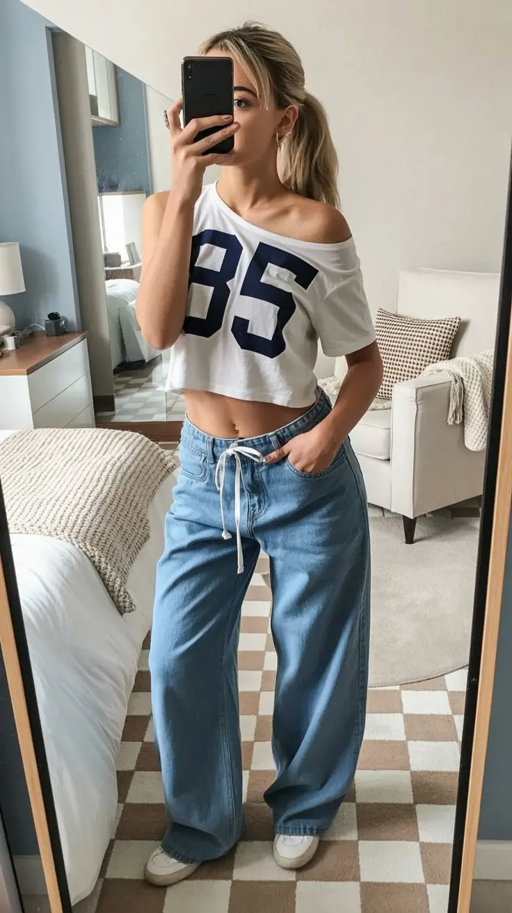 teen girls summer outfits 2026 Relaxed Wide Leg Jeans and Off Shoulder Graphic Tee