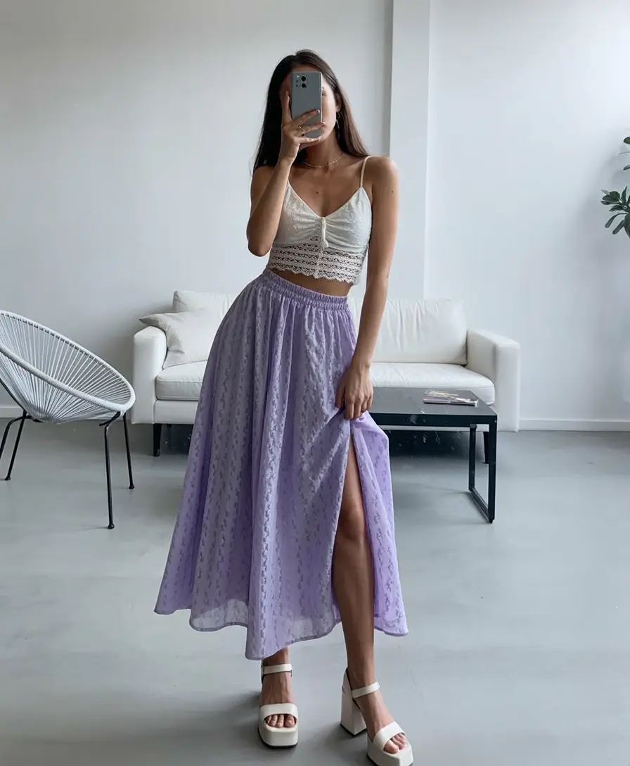 travel summer outfits 2026 Soft Summer Romance with Lavender Skirt and Lace Top