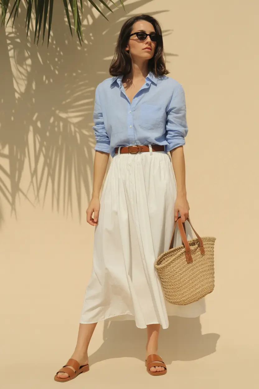 travel summer outfits 2026 Classic European Summer Look with Blue Shirt and Flowing Skirt
