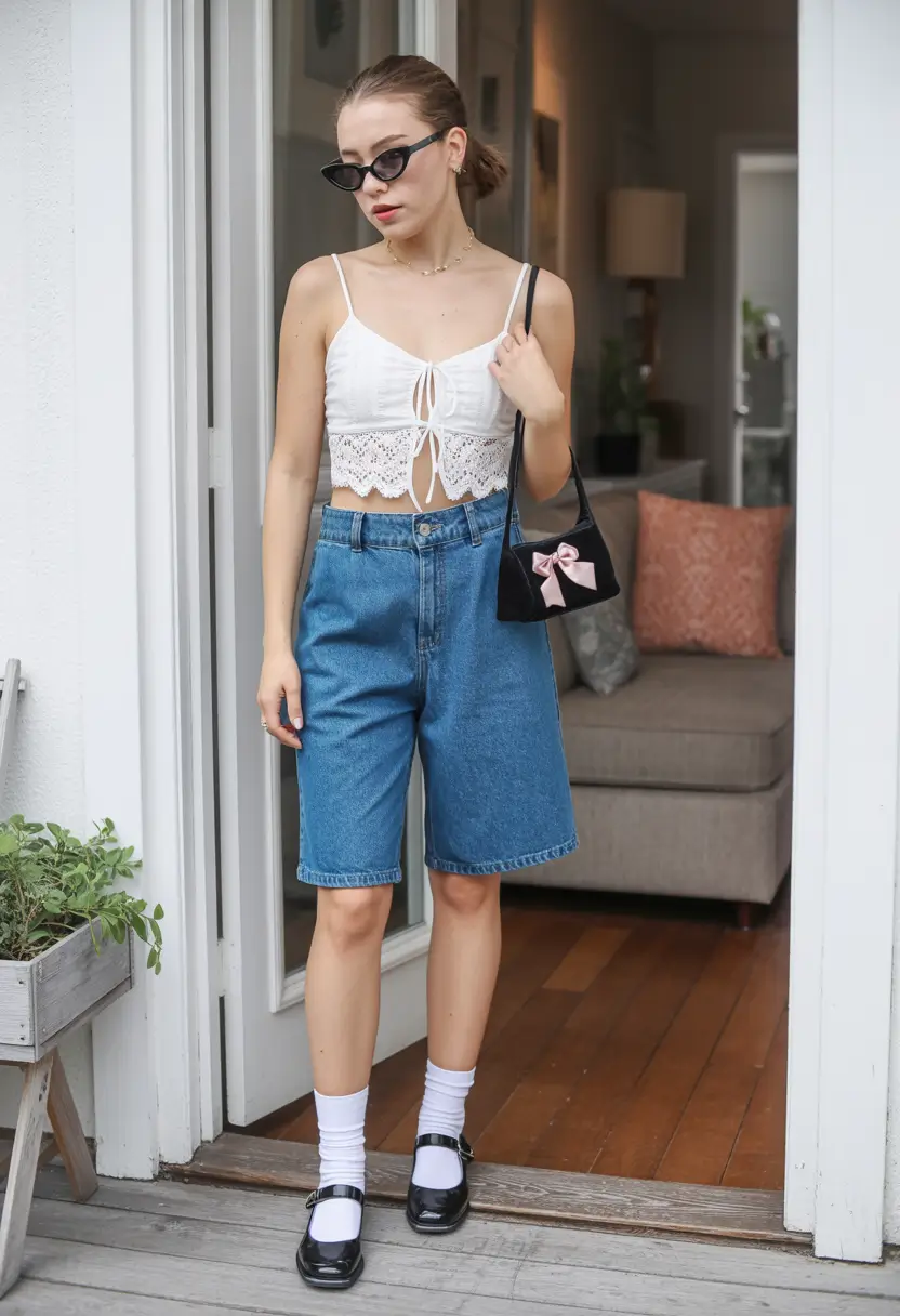travel summer outfits 2026 Playful Summer Travel Look with Lace Top and Denim Bermuda Shorts