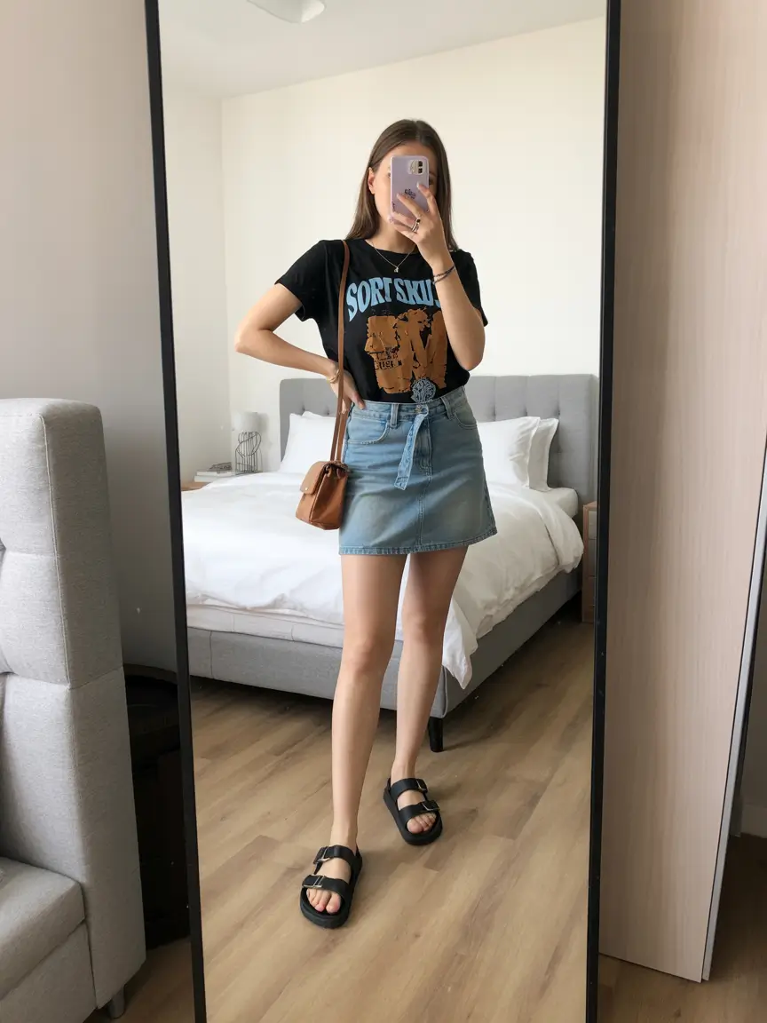 travel summer outfits 2026 Casual Graphic Tee and Denim Mini Skirt for Easy Summer Sightseeing