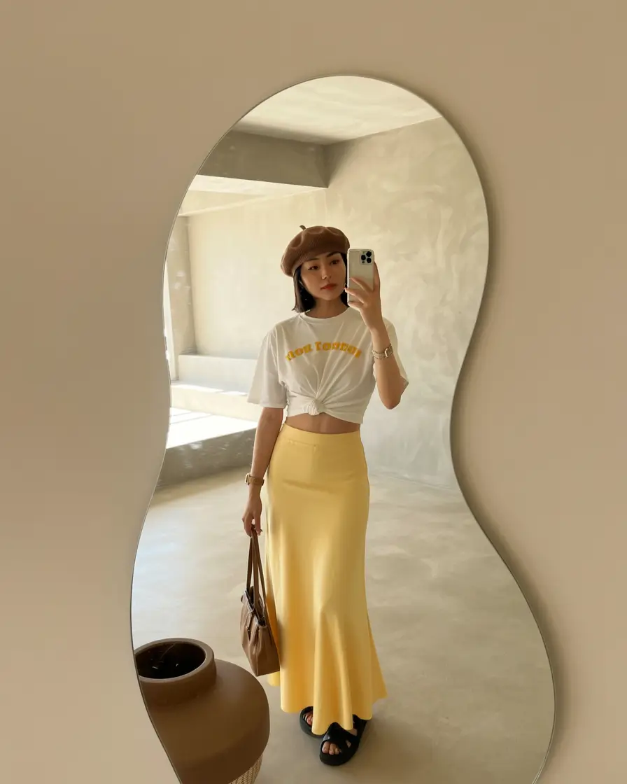 travel summer outfits 2026 Soft Yellow Summer Skirt Outfit for Sunny Travel Days