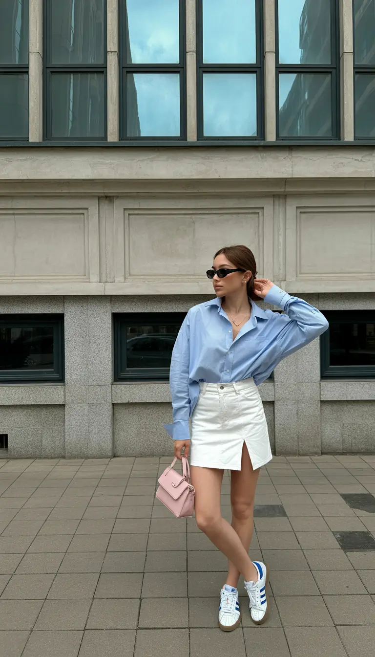 travel summer outfits 2026 European City Style with Blue Shirt and White Mini Skirt