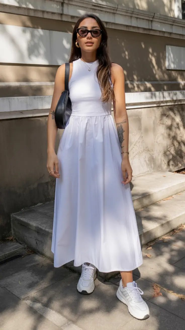 travel summer outfits 2026 Effortless White Summer Dress with Sneakers for Long Walks