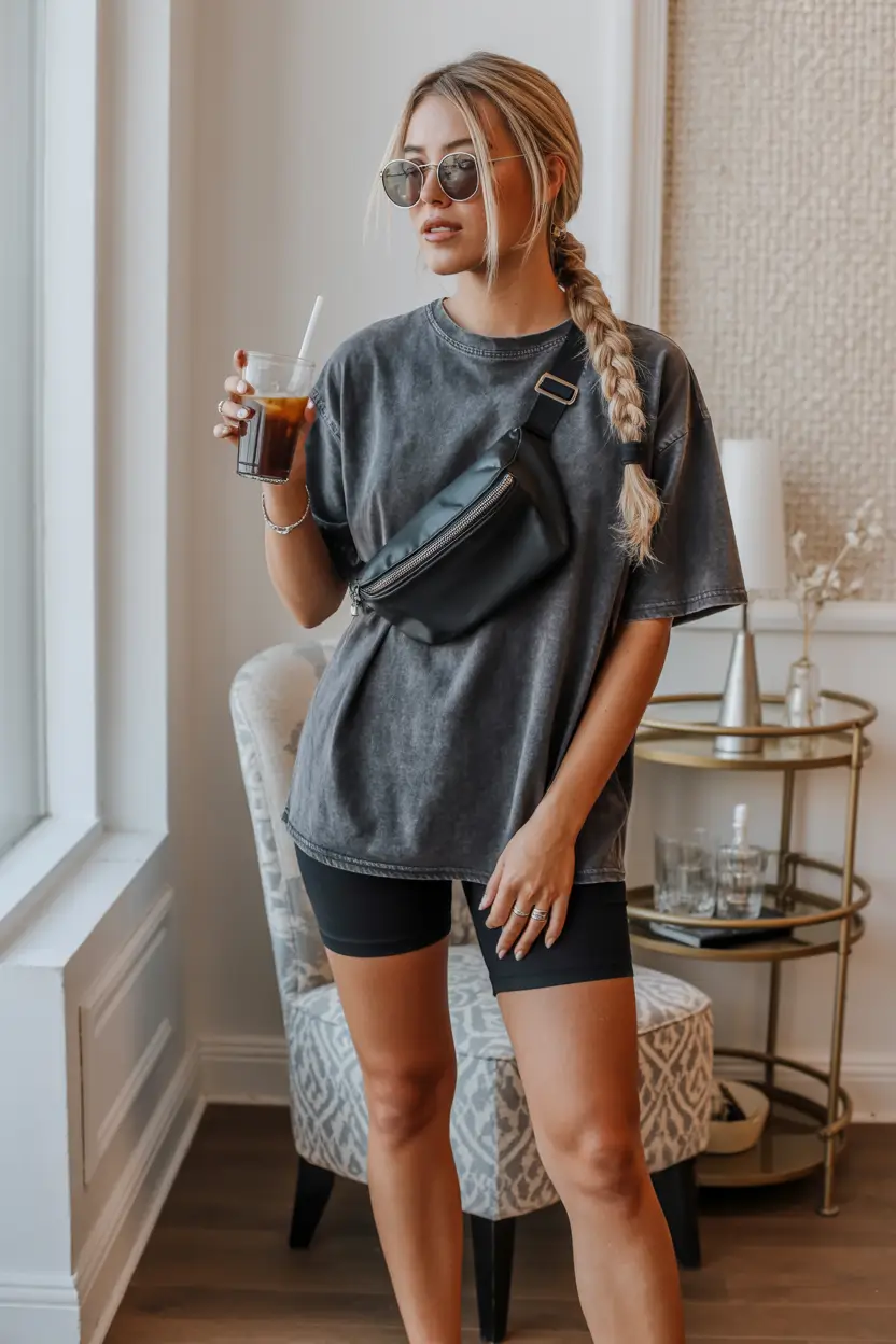 travel summer outfits 2026 Sporty Casual Travel Outfit with Oversized Tee and Bike Shorts