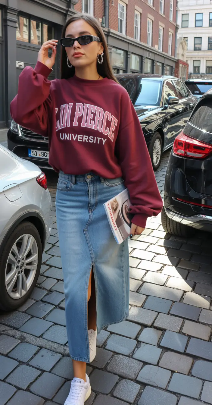 travel summer outfits 2026 Urban Travel Style with Sweatshirt and Denim Midi Skirt