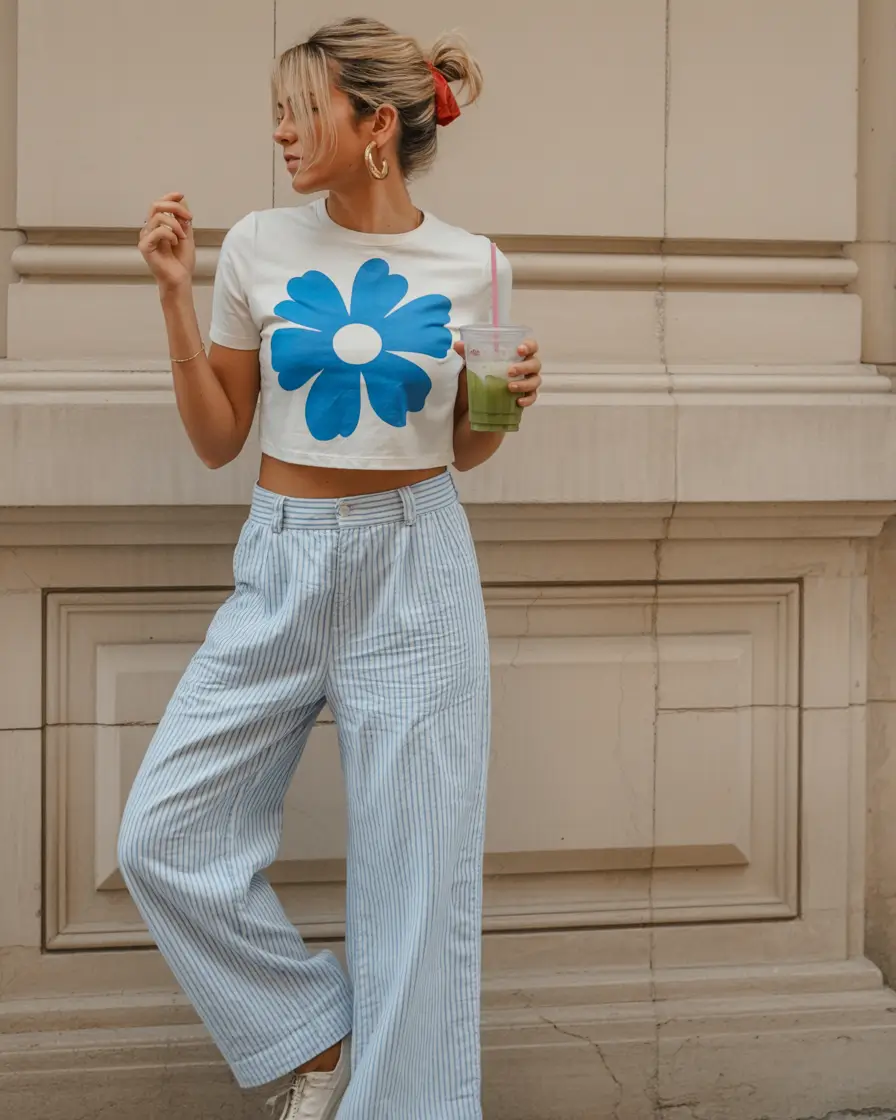 travel summer outfits 2026 Playful Summer Outfit with Floral Tee and Striped Pants