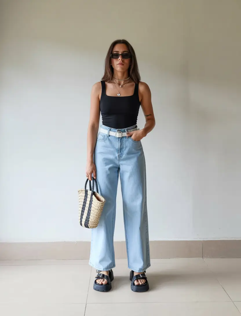 travel summer outfits 2026 Wide Leg Denim and Tank Top for Comfy Travel Days