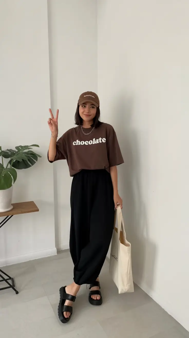 travel summer outfits 2026 Relaxed Chocolate Tee and Flowing Pants for Long Travel Days
