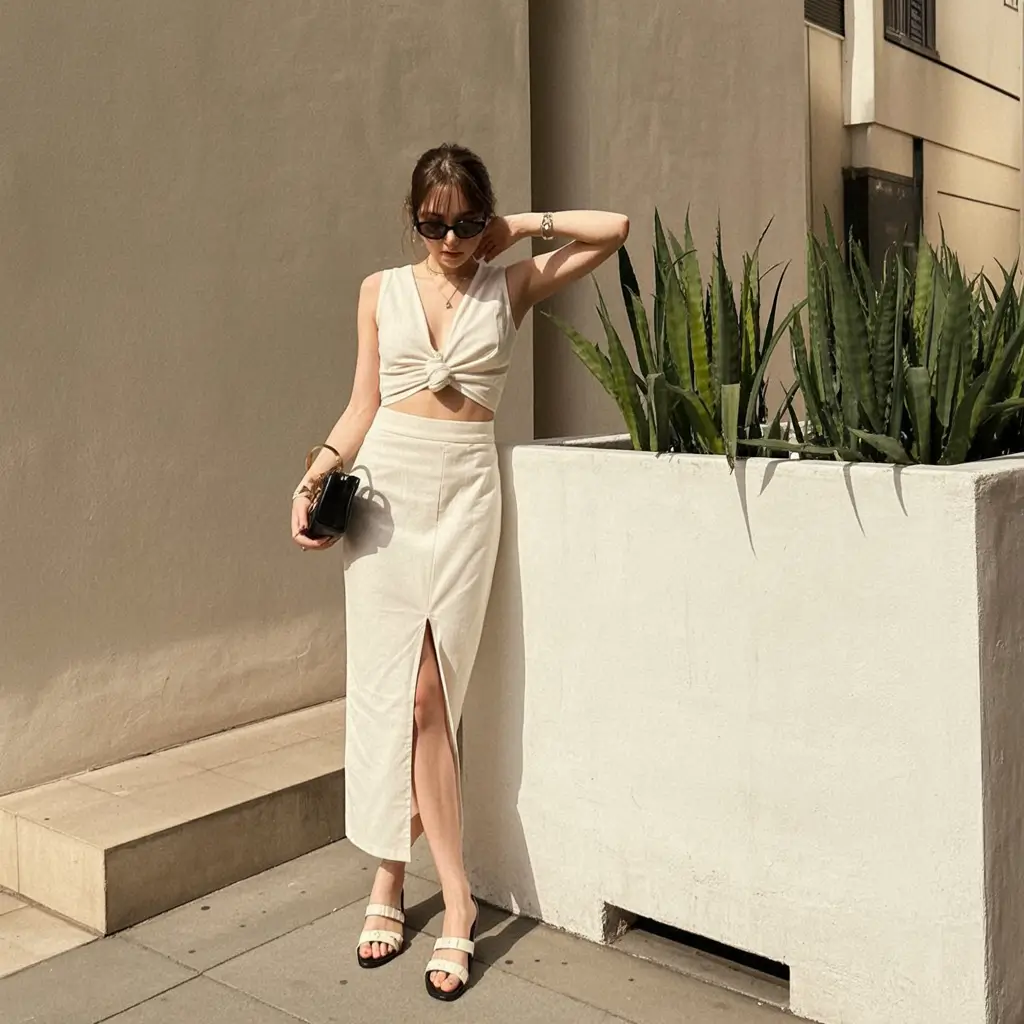 travel summer outfits 2026 Neutral Summer Set with Midi Skirt for Elegant City Exploring
