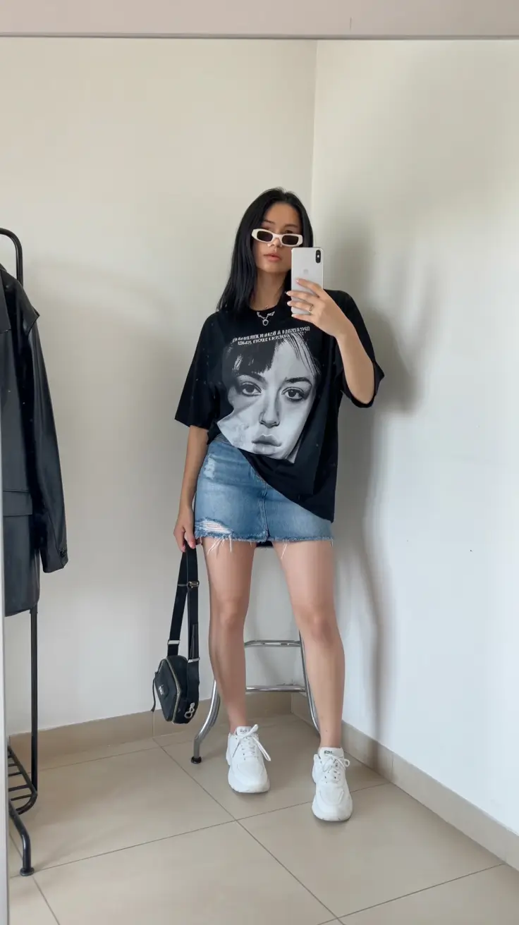 travel summer outfits 2026 Oversized Graphic Tee and Denim Shorts Street Style