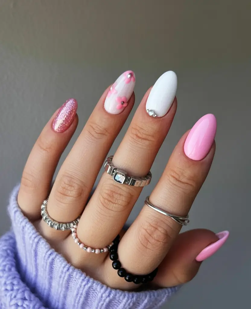 trending spring wedding nails 2026 Romantic Pink and White Mix with Floral Accents