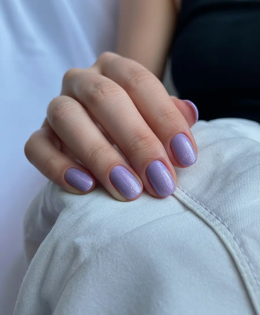 trending spring wedding nails 2026 Soft Lavender Short with Micro Shimmer