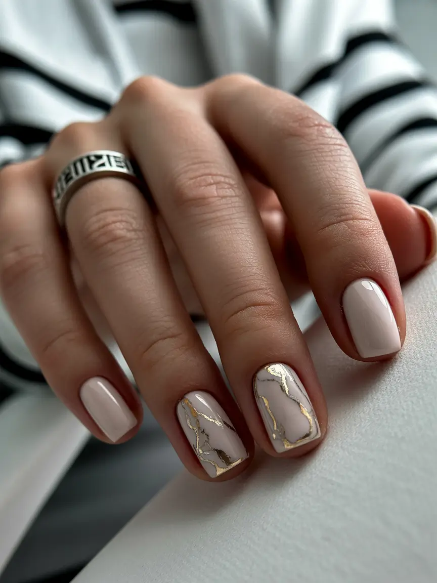 trending spring wedding nails 2026 Minimal Beige Marble Short with Gold Veining