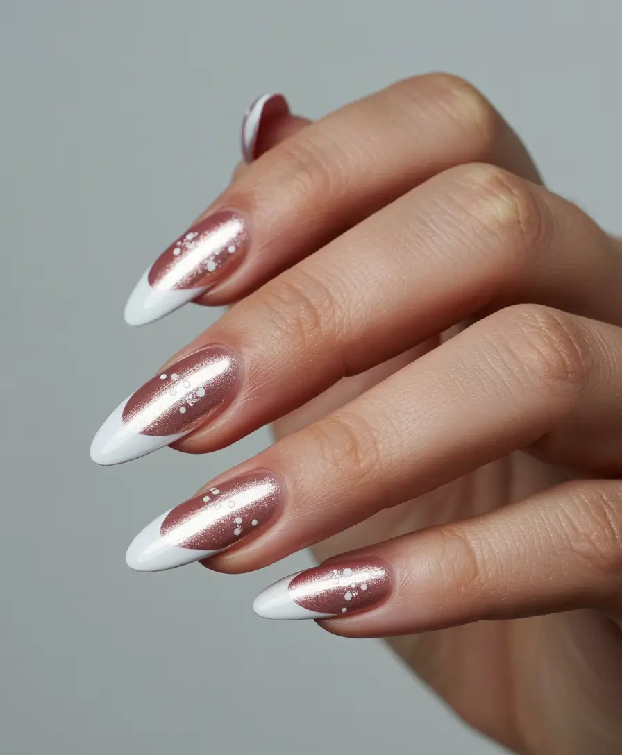 trending spring wedding nails 2026 Rose Chrome Almond with White Tips