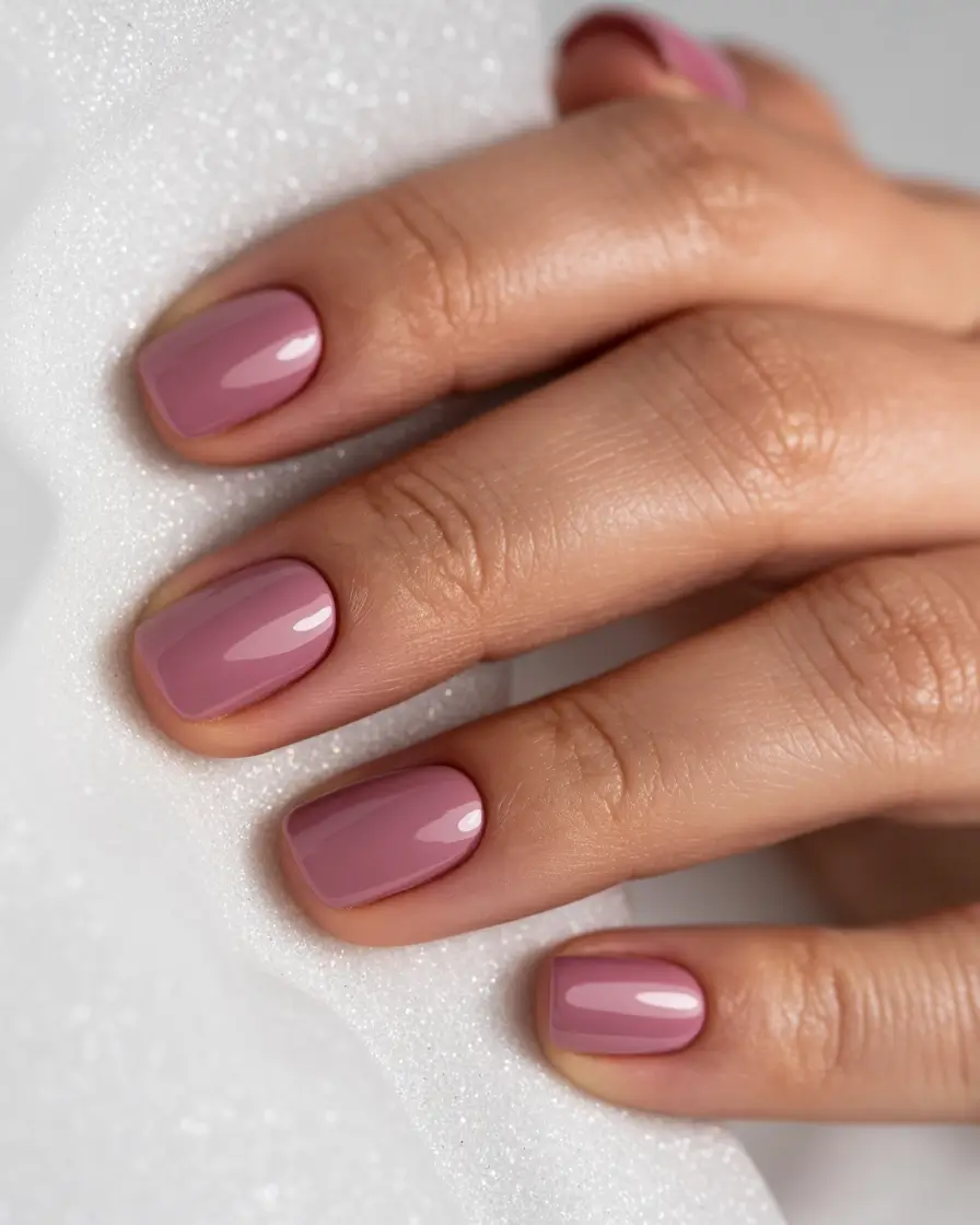 trending spring wedding nails 2026 Muted Mauve Short for a Modern Guest