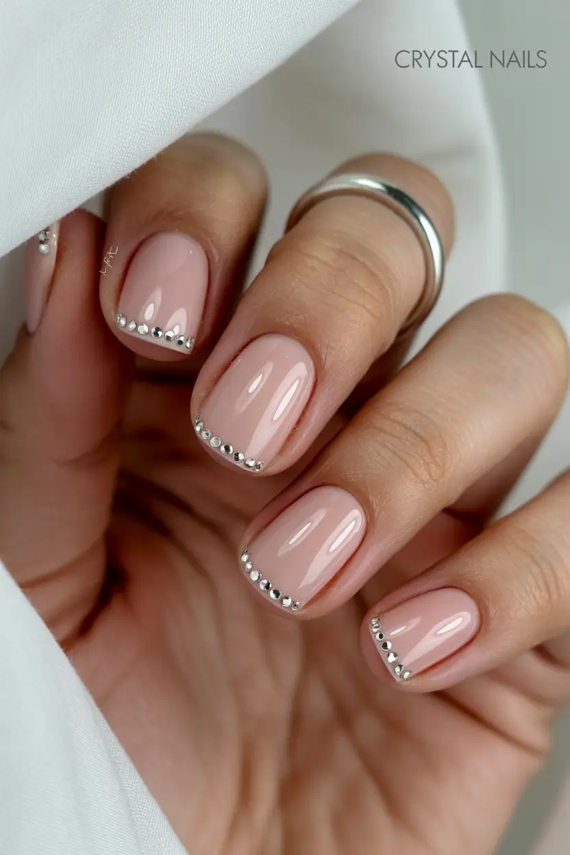 trending spring wedding nails 2026 Blush Short with Crystal Cuticle Detail