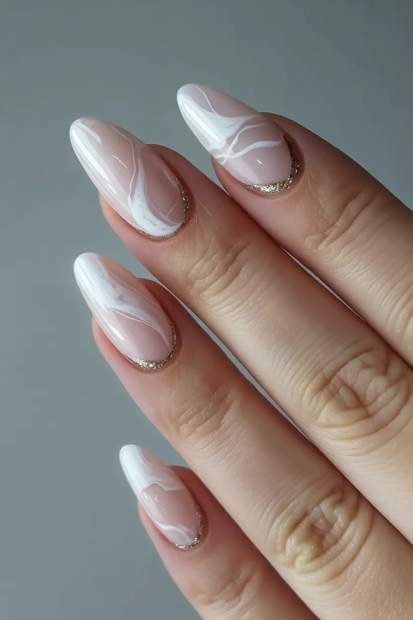 trending spring wedding nails 2026 Soft White and Blush Marble Almond with Gold Frame