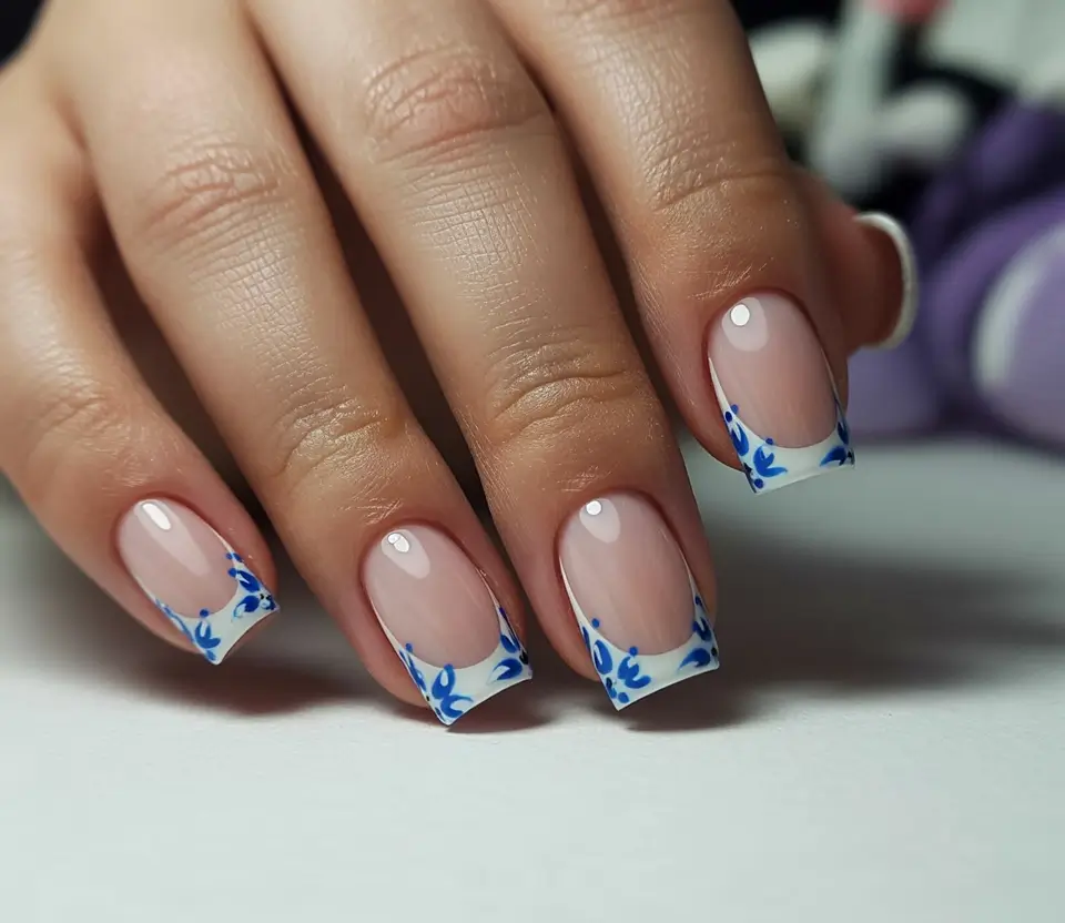 trending spring wedding nails 2026 Blue Floral French Square for an Elegant Guest